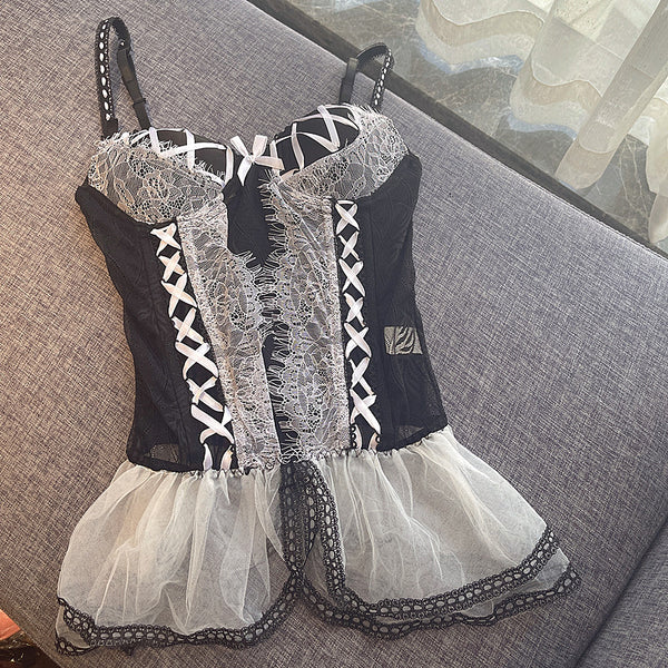 Sparkly Sexy Kawaii Women Gothic Spaghetti Strap Lace Mesh Patchwork Sling Ruffled See Through Party Top