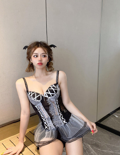 Sparkly Sexy Kawaii Women Gothic Spaghetti Strap Lace Mesh Patchwork Sling Ruffled See Through Party Top