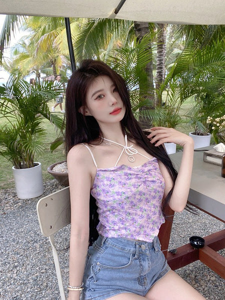 Beautiful Women Fashion Floral Sleeveless Spaghetti Strap Irregular Tight Crop Top Tops