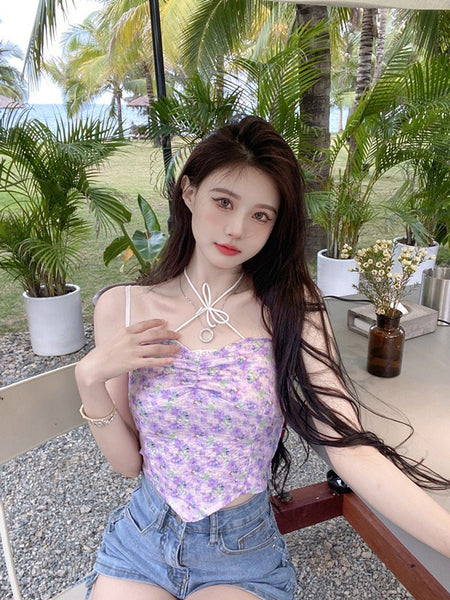 Beautiful Women Fashion Floral Sleeveless Spaghetti Strap Irregular Tight Crop Top Tops