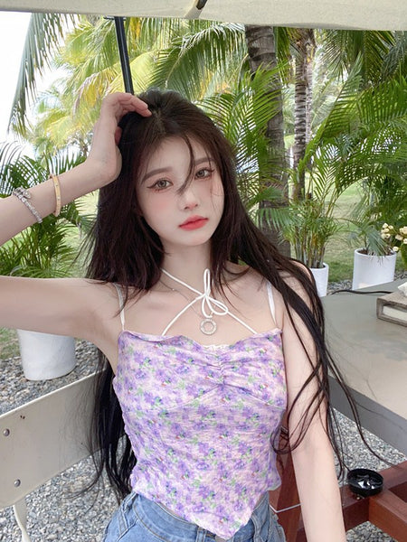 Beautiful Women Fashion Floral Sleeveless Spaghetti Strap Irregular Tight Crop Top Tops