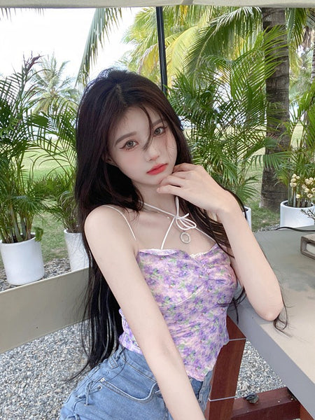 Beautiful Women Fashion Floral Sleeveless Spaghetti Strap Irregular Tight Crop Top Tops