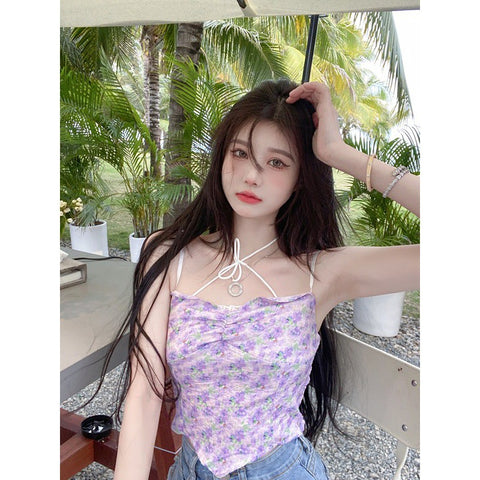 Beautiful Women Fashion Floral Sleeveless Spaghetti Strap Irregular Tight Crop Top Tops