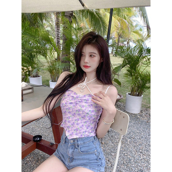 Beautiful Women Fashion Floral Sleeveless Spaghetti Strap Irregular Tight Crop Top Tops