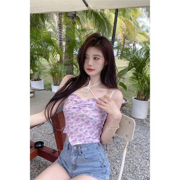 Beautiful Women Fashion Floral Sleeveless Spaghetti Strap Irregular Tight Crop Top Tops