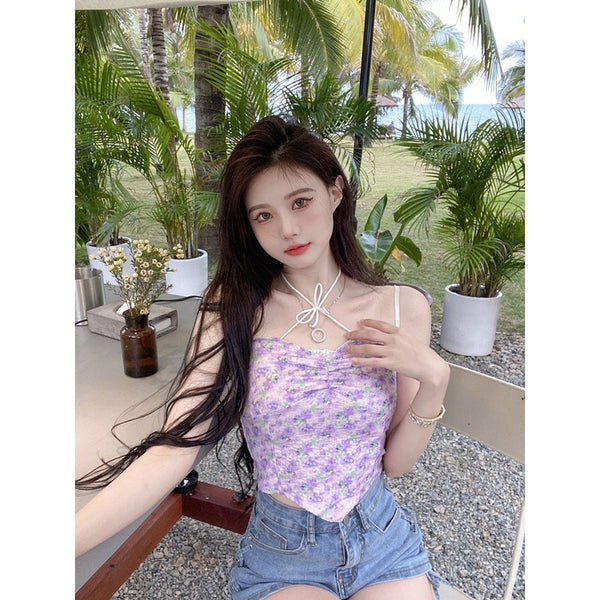 Beautiful Women Fashion Floral Sleeveless Spaghetti Strap Irregular Tight Crop Top Tops
