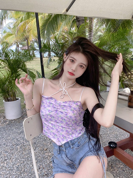 Beautiful Women Fashion Floral Sleeveless Spaghetti Strap Irregular Tight Crop Top Tops