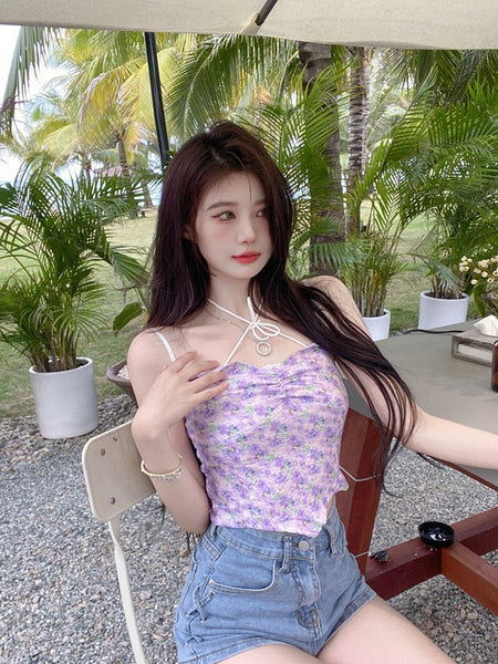 Beautiful Women Fashion Floral Sleeveless Spaghetti Strap Irregular Tight Crop Top Tops