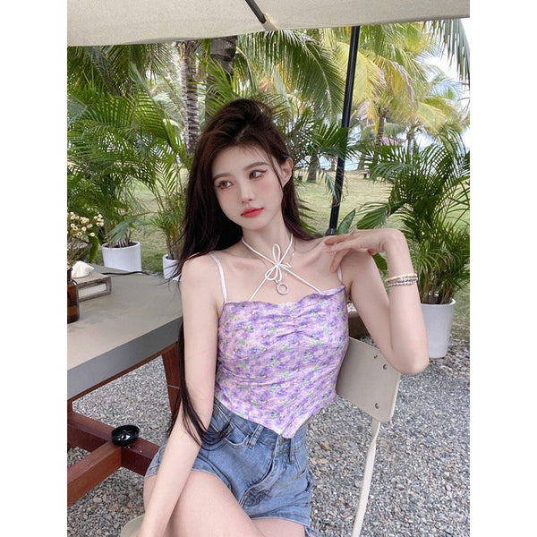 Beautiful Women Fashion Floral Sleeveless Spaghetti Strap Irregular Tight Crop Top Tops