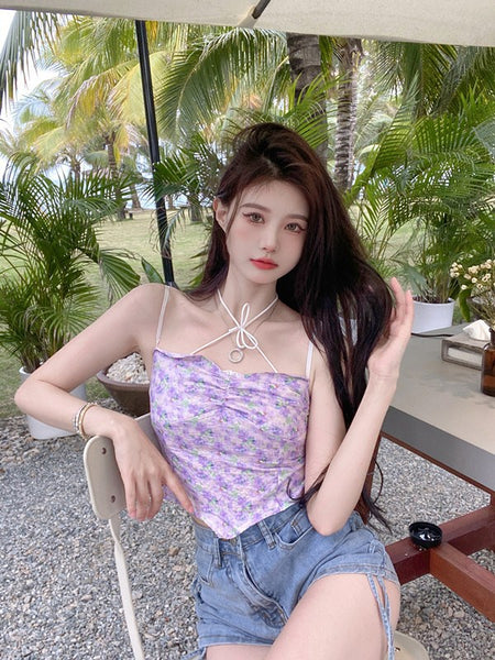 Beautiful Women Fashion Floral Sleeveless Spaghetti Strap Irregular Tight Crop Top Tops