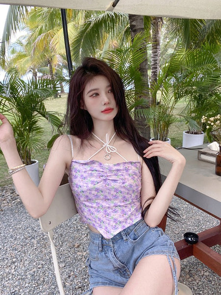 Beautiful Women Fashion Floral Sleeveless Spaghetti Strap Irregular Tight Crop Top Tops