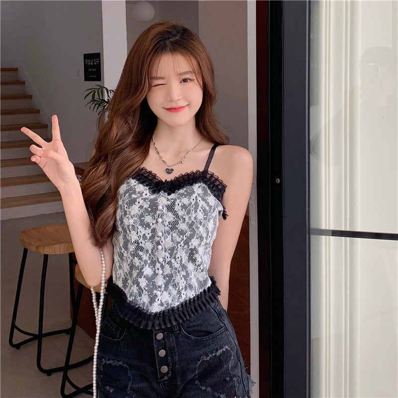 Great Look Large Size Camisole Women Versatile Floral Lace Embroidered Spaghetti Strap Tube Top