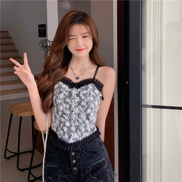 Great Look Large Size Camisole Women Versatile Floral Lace Embroidered Spaghetti Strap Tube Top