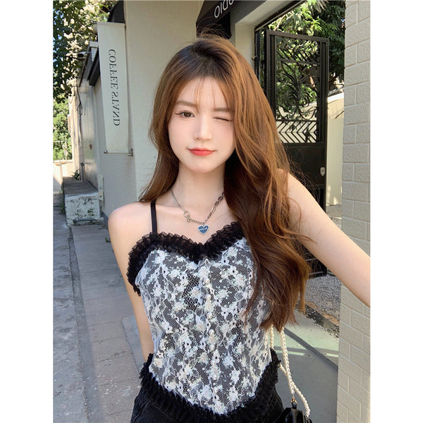 Great Look Large Size Camisole Women Versatile Floral Lace Embroidered Spaghetti Strap Tube Top