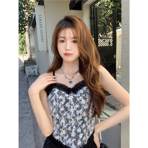 Great Look Large Size Camisole Women Versatile Floral Lace Embroidered Spaghetti Strap Tube Top