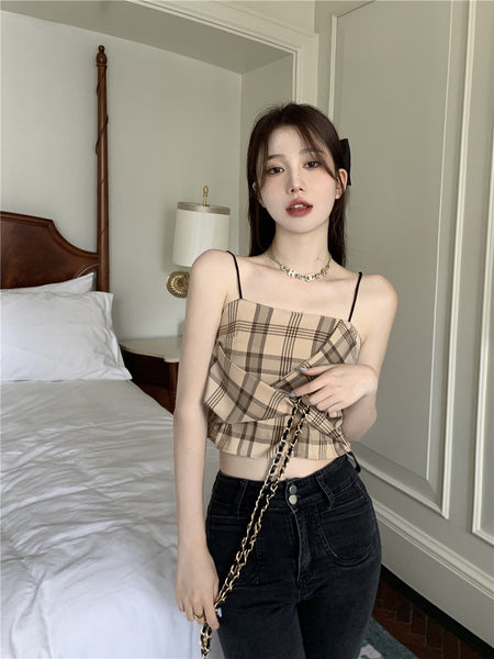 Retro Plaid Tops Summer Design Pretty Women Fit Waist Camisole pleated Vest Tube Top