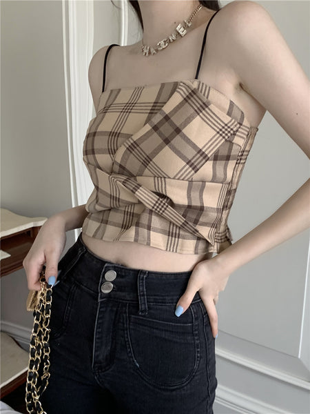 Retro Plaid Tops Summer Design Pretty Women Fit Waist Camisole pleated Vest Tube Top