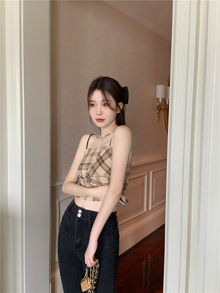 Retro Plaid Tops Summer Design Pretty Women Fit Waist Camisole pleated Vest Tube Top