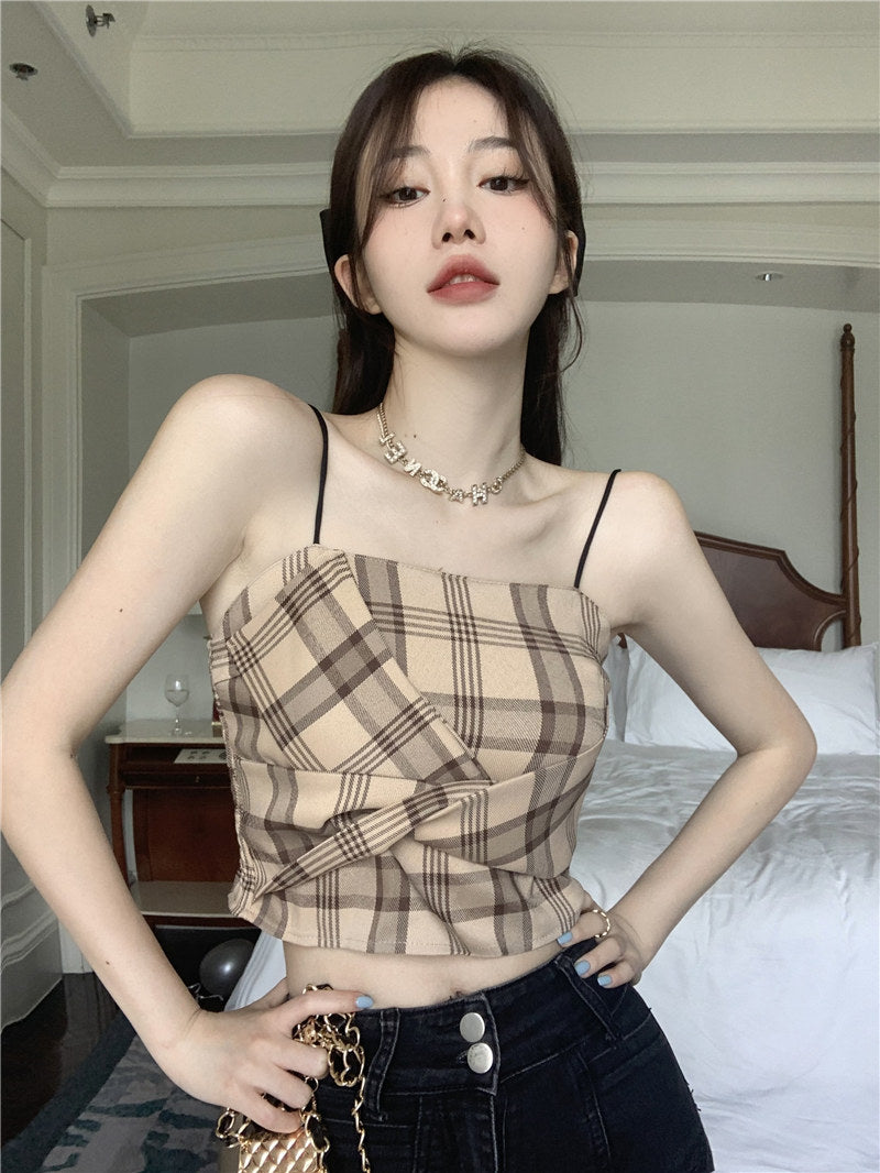 Retro Plaid Tops Summer Design Pretty Women Fit Waist Camisole pleated Vest Tube Top