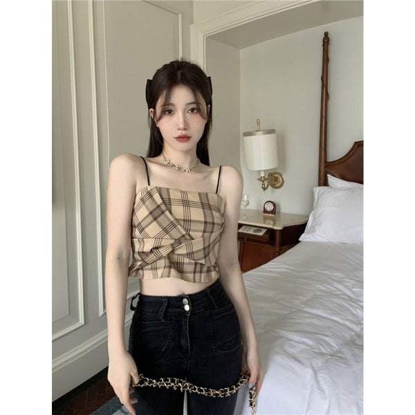 Retro Plaid Tops Summer Design Pretty Women Fit Waist Camisole pleated Vest Tube Top