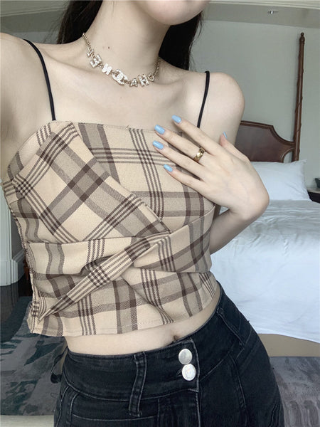 Retro Plaid Tops Summer Design Pretty Women Fit Waist Camisole pleated Vest Tube Top