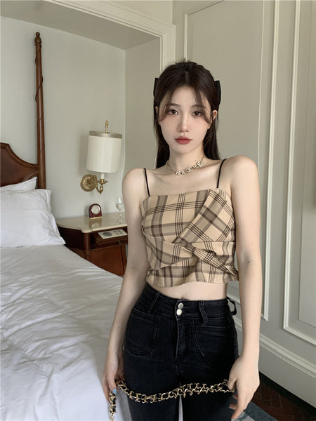 Retro Plaid Tops Summer Design Pretty Women Fit Waist Camisole pleated Vest Tube Top