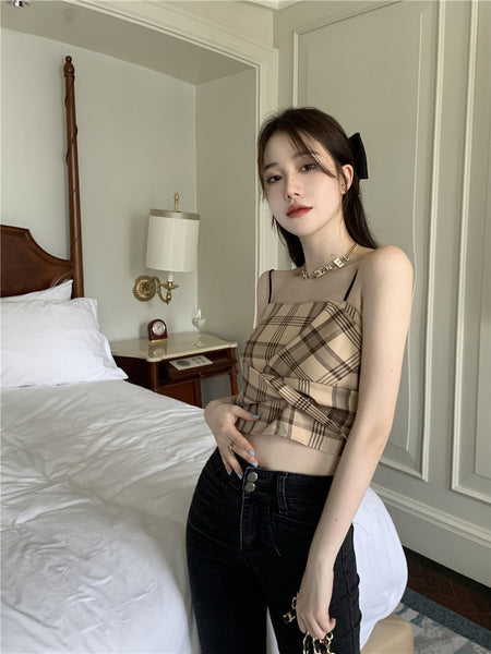 Retro Plaid Tops Summer Design Pretty Women Fit Waist Camisole pleated Vest Tube Top