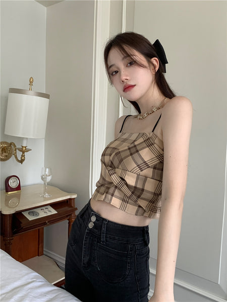 Retro Plaid Tops Summer Design Pretty Women Fit Waist Camisole pleated Vest Tube Top