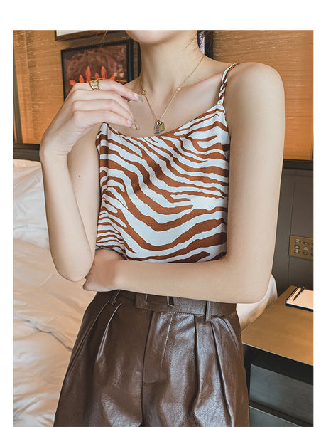 Summer Sexy Women Sleeveless Spaghetti Strap Striped Retro Chiffon Sling Vest Crop Tank Top