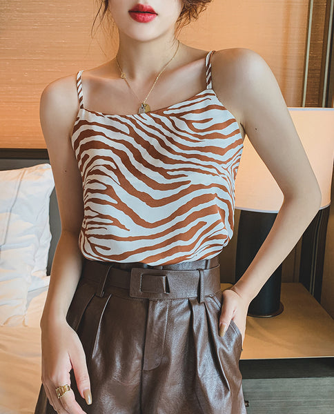 Summer Sexy Women Sleeveless Spaghetti Strap Striped Retro Chiffon Sling Vest Crop Tank Top