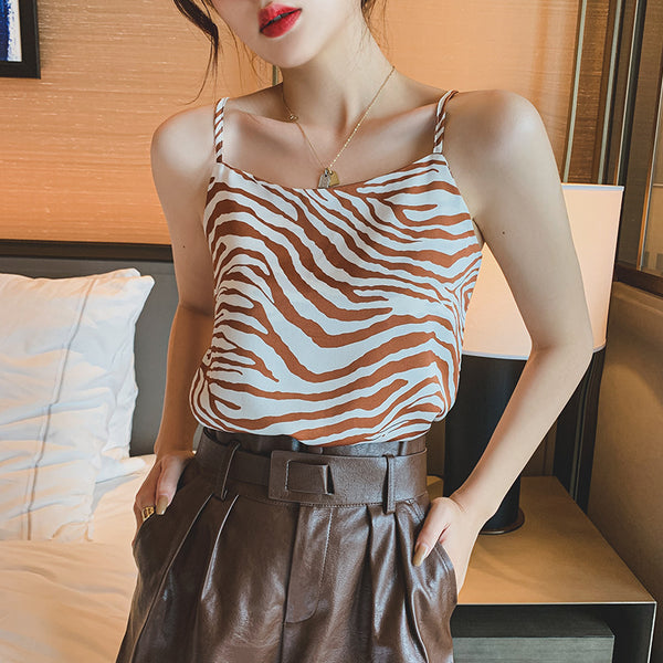 Summer Sexy Women Sleeveless Spaghetti Strap Striped Retro Chiffon Sling Vest Crop Tank Top