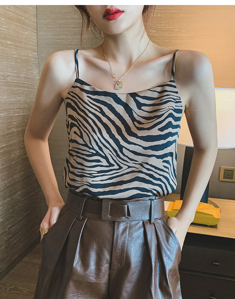 Women Comfort Beautiful Fashion Sleeveless Spaghetti Strap Striped Retro Chiffon Sling Vest Crop Tank Top