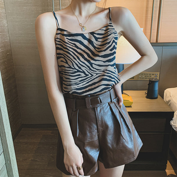 Women Comfort Beautiful Fashion Sleeveless Spaghetti Strap Striped Retro Chiffon Sling Vest Crop Tank Top