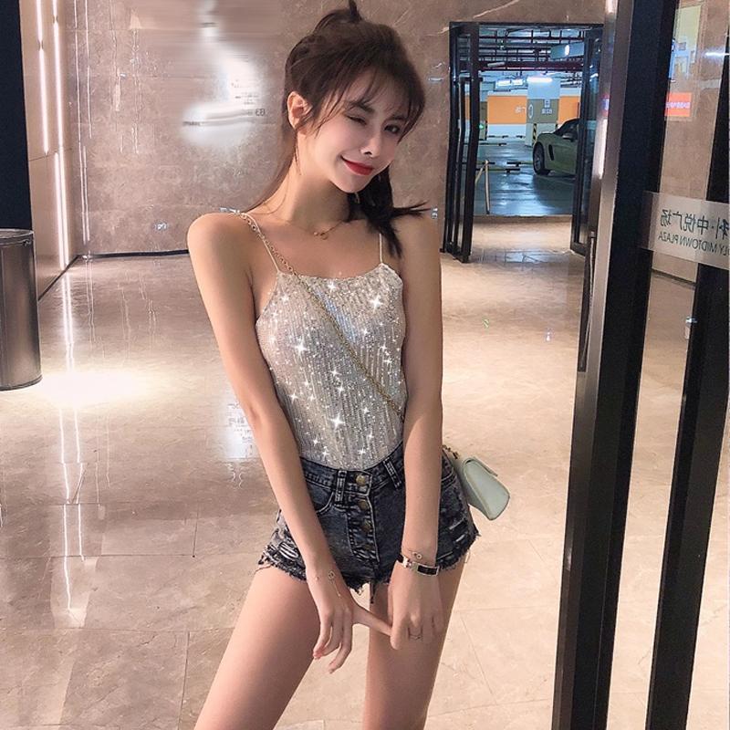 Amazing Summer Sexy Ladies Short Sparkly Sequin Sleeveless Sling Spaghetti Strap Vest Top
