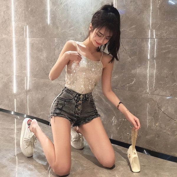 Amazing Summer Sexy Ladies Short Sparkly Sequin Sleeveless Sling Spaghetti Strap Vest Top