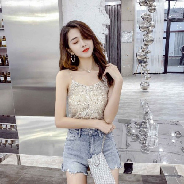 Summer Beautiful Shiny Sequins V-Neck Shiny Spaghetti Strap Camisole Short Loose Vest Top Outer Wear