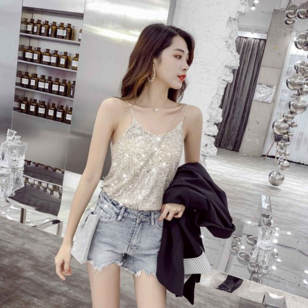 Summer Beautiful Shiny Sequins V-Neck Shiny Spaghetti Strap Camisole Short Loose Vest Top Outer Wear