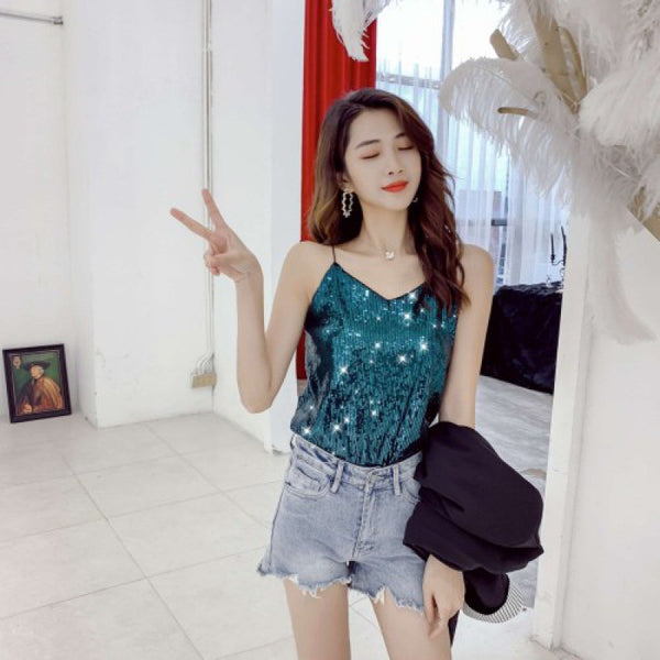 Summer Beautiful Shiny Sequins V-Neck Shiny Spaghetti Strap Camisole Short Loose Vest Top Outer Wear