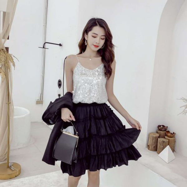 Summer Beautiful Shiny Sequins V-Neck Shiny Spaghetti Strap Camisole Short Loose Vest Top Outer Wear