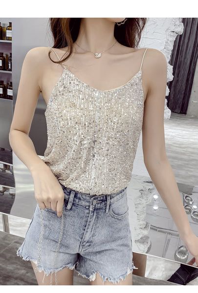 Summer Beautiful Shiny Sequins V-Neck Shiny Spaghetti Strap Camisole Short Loose Vest Top Outer Wear