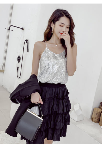 Summer Beautiful Shiny Sequins V-Neck Shiny Spaghetti Strap Camisole Short Loose Vest Top Outer Wear