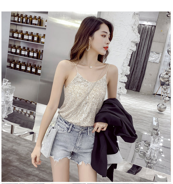 Summer Beautiful Shiny Sequins V-Neck Shiny Spaghetti Strap Camisole Short Loose Vest Top Outer Wear