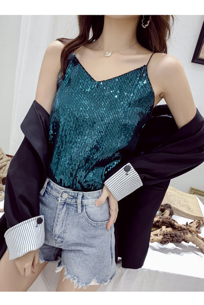 Summer Beautiful Shiny Sequins V-Neck Shiny Spaghetti Strap Camisole Short Loose Vest Top Outer Wear