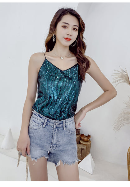 Summer Beautiful Shiny Sequins V-Neck Shiny Spaghetti Strap Camisole Short Loose Vest Top Outer Wear