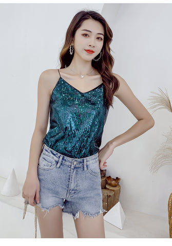 Summer Beautiful Shiny Sequins V-Neck Shiny Spaghetti Strap Camisole Short Loose Vest Top Outer Wear