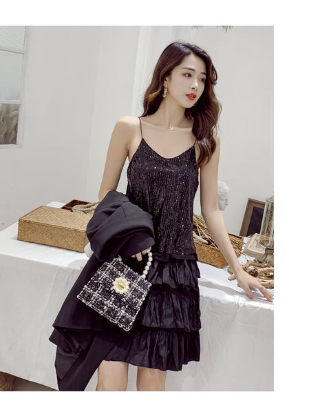 Summer Beautiful Shiny Sequins V-Neck Shiny Spaghetti Strap Camisole Short Loose Vest Top Outer Wear