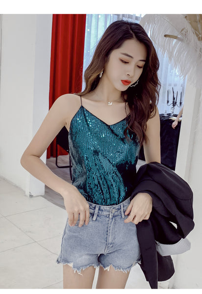 Summer Beautiful Shiny Sequins V-Neck Shiny Spaghetti Strap Camisole Short Loose Vest Top Outer Wear