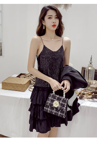 Summer Beautiful Shiny Sequins V-Neck Shiny Spaghetti Strap Camisole Short Loose Vest Top Outer Wear