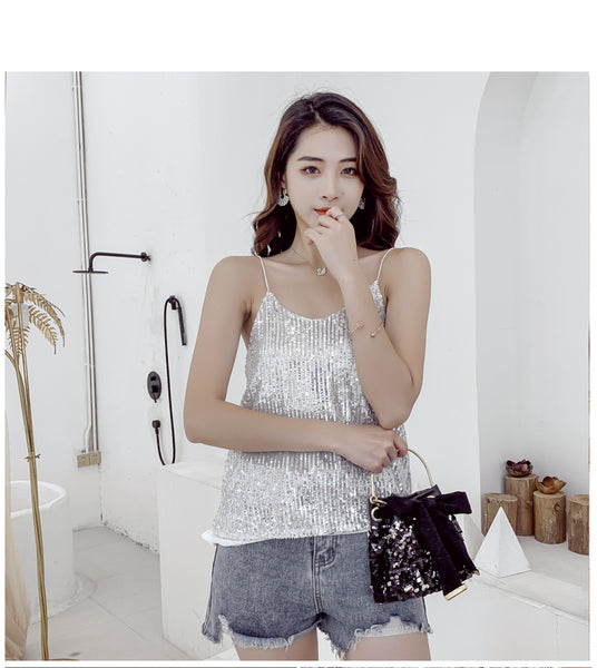 Summer Beautiful Shiny Sequins V-Neck Shiny Spaghetti Strap Camisole Short Loose Vest Top Outer Wear