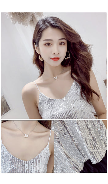 Summer Beautiful Shiny Sequins V-Neck Shiny Spaghetti Strap Camisole Short Loose Vest Top Outer Wear
